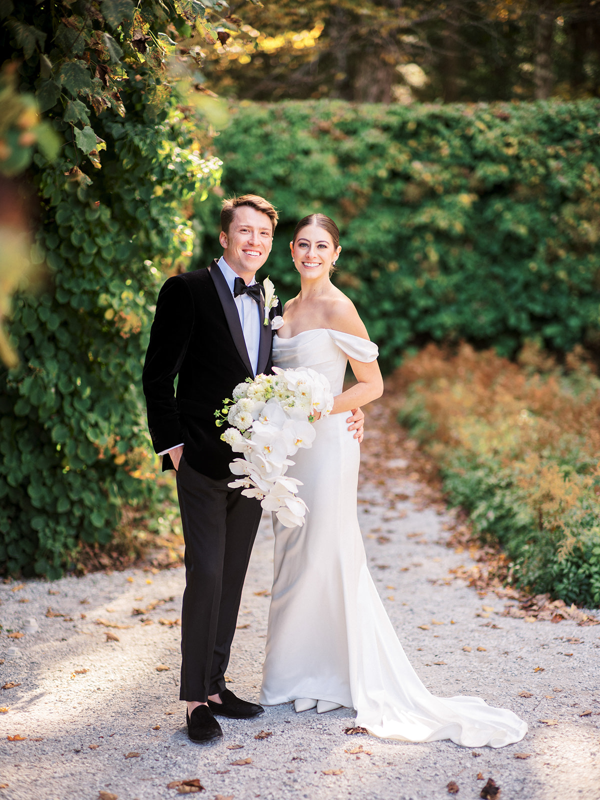 Elegant wedding portrait of bride and groom at The mount.