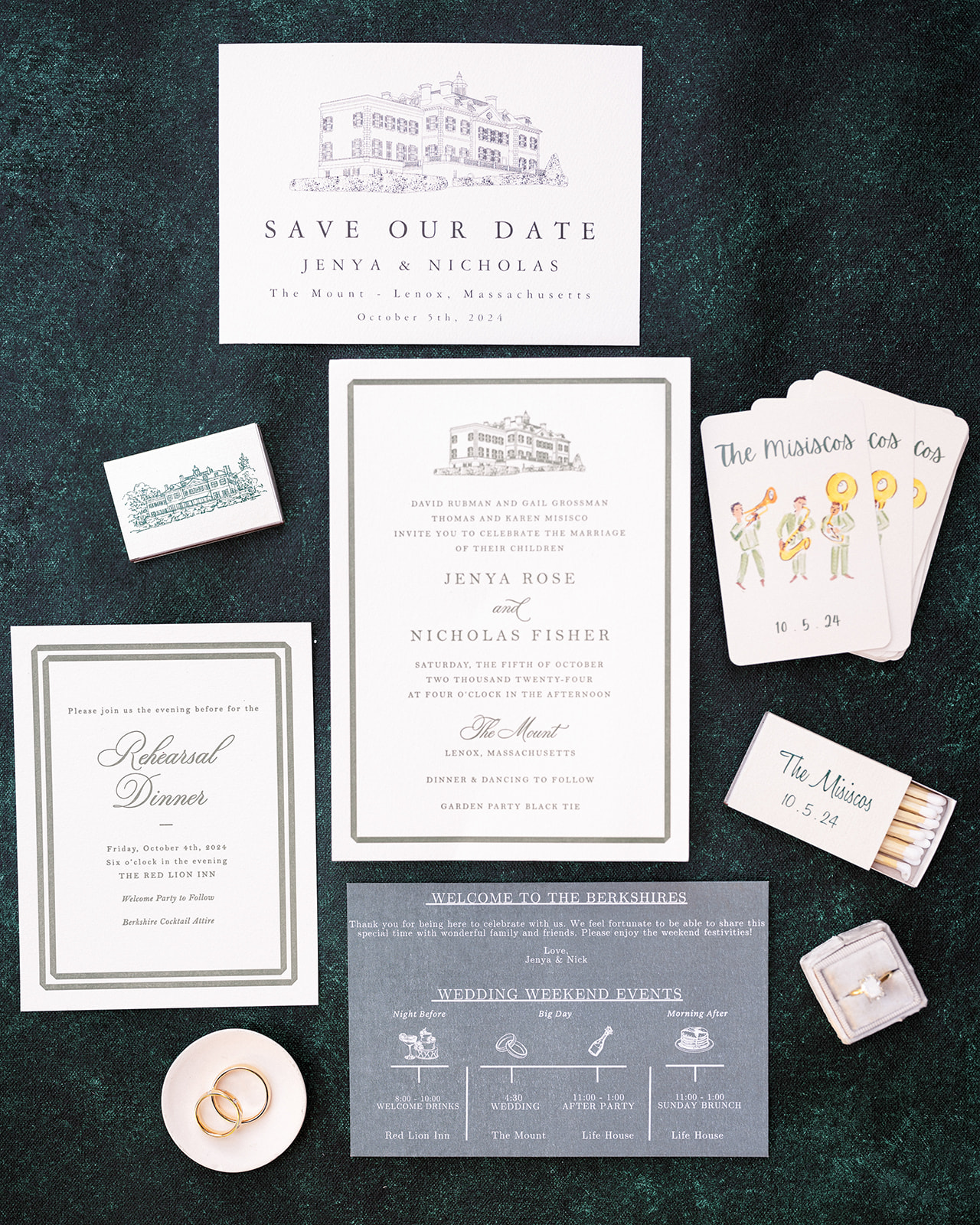 Flat lay of wedding invitation suite featuring custom artwork of The Mount, Edith Wharton’s home in Lenox, Massachusetts