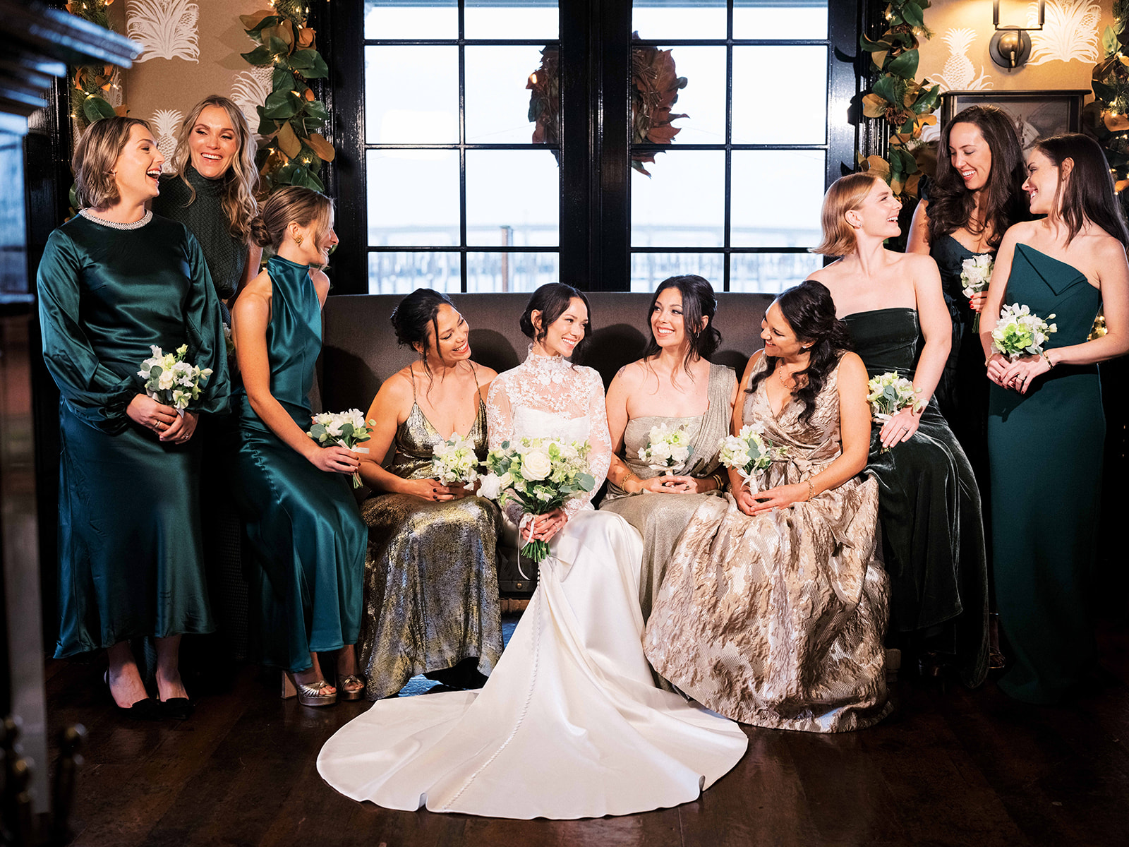 Bride looks at bridesmaids.